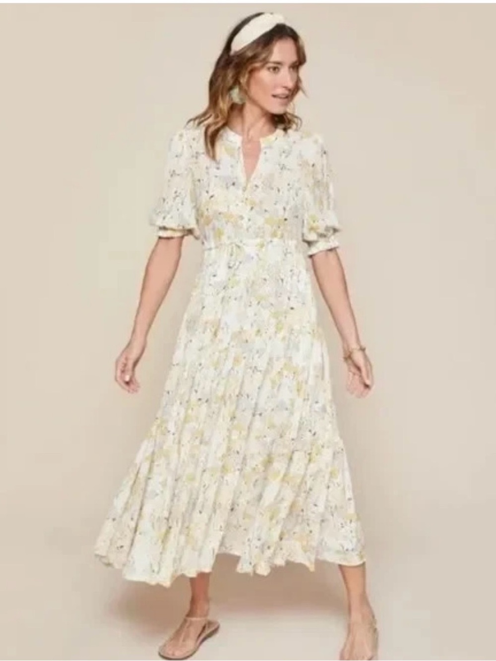 Spartina 449 Cream Floral Maxi Dress with Puff Sleeves